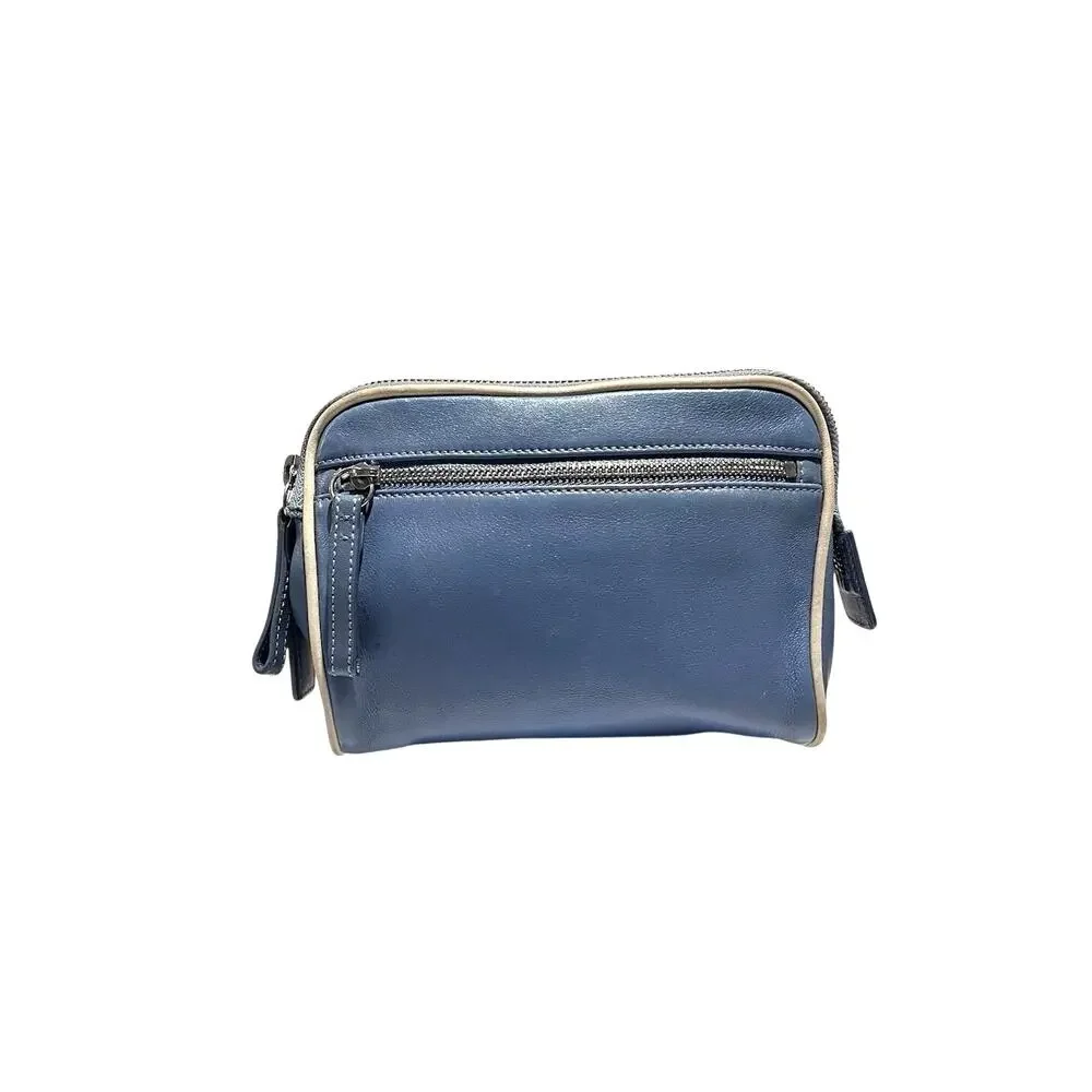 Vintage Coach Travel Cosmetic Bag  Legacy Blue, Leather Zip w/ HangTag In EUC